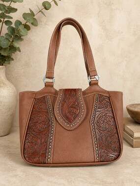 Trinity Ranch Tooled Floral Western Satchel Brown Faux Leather Studded Tote Bag